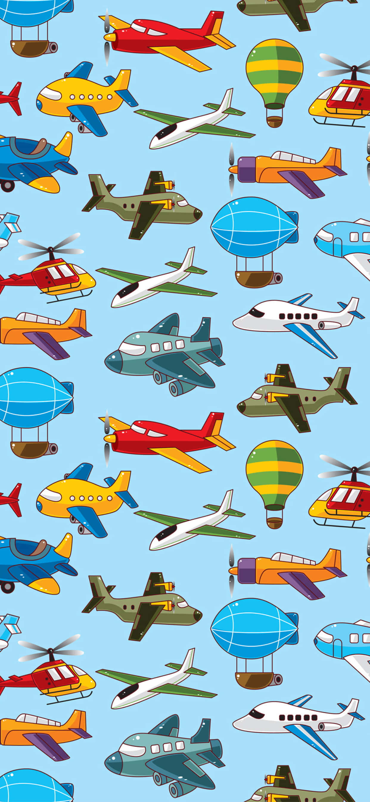 iPhone Xs Max Small Planes 桌布 壁紙 — 一個有趣的圖案，色彩繽紛的卡通飛機和熱氣球在淺藍色的天空中漂浮。