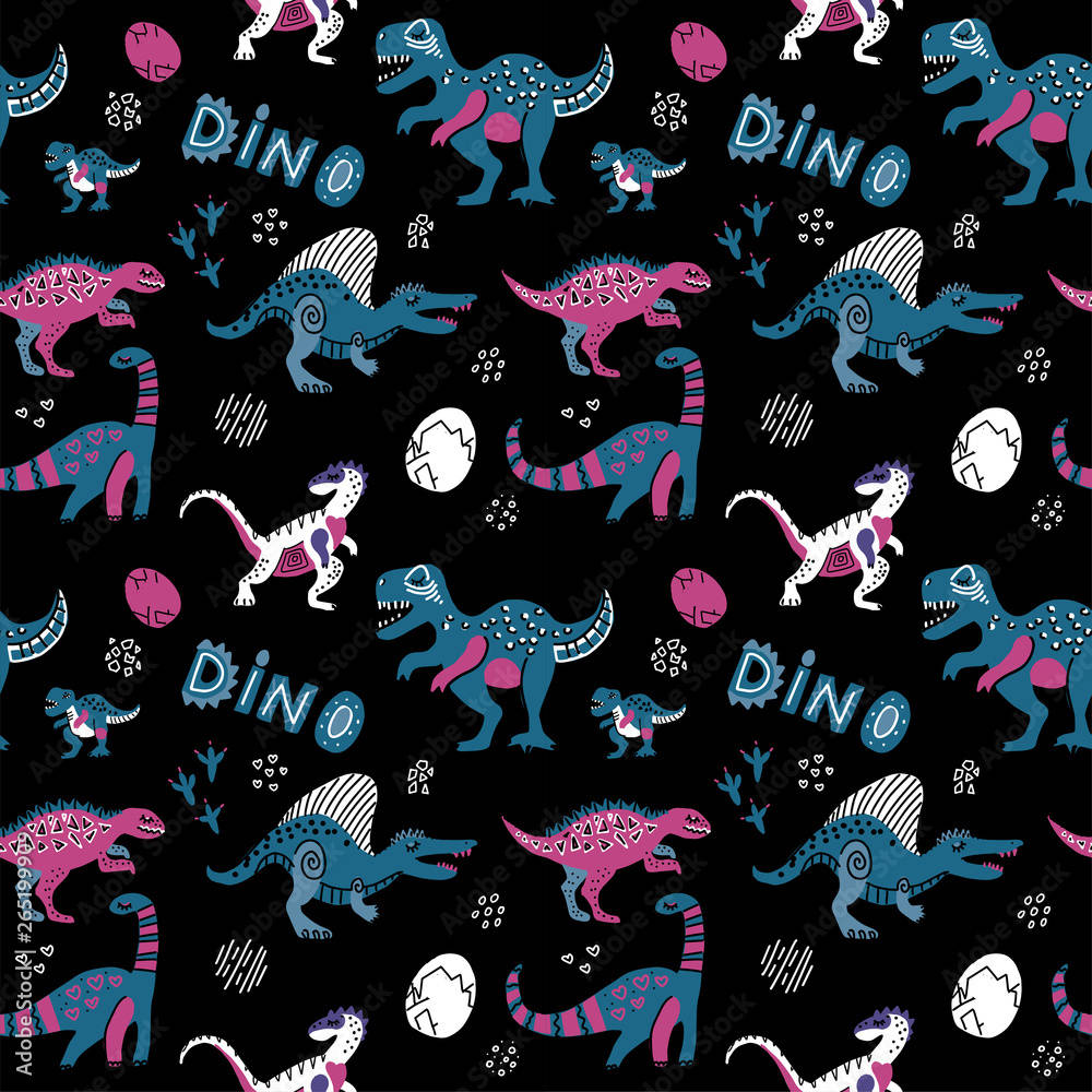 Cute Dinosaur Pattern 桌布 壁紙 — 一個有趣的圖案，藍色和粉紅色的卡通恐龍，帶有心形和蛋，在黑色背景上。
