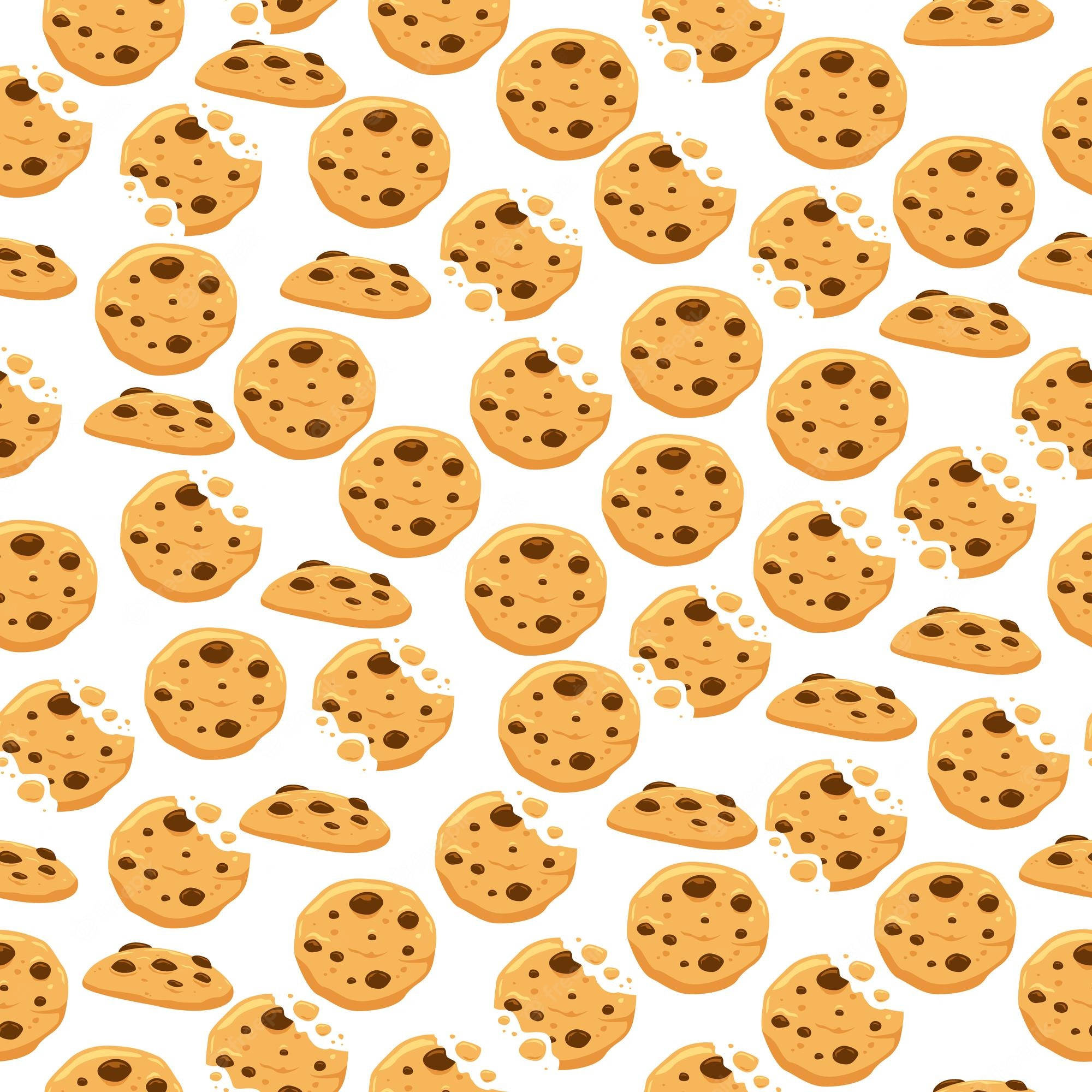 Cartoon Cookie 桌布 壁紙 — 一個有趣的圖案，金色巧克力餅乾上有咬痕，散落在乾淨的白色背景上。