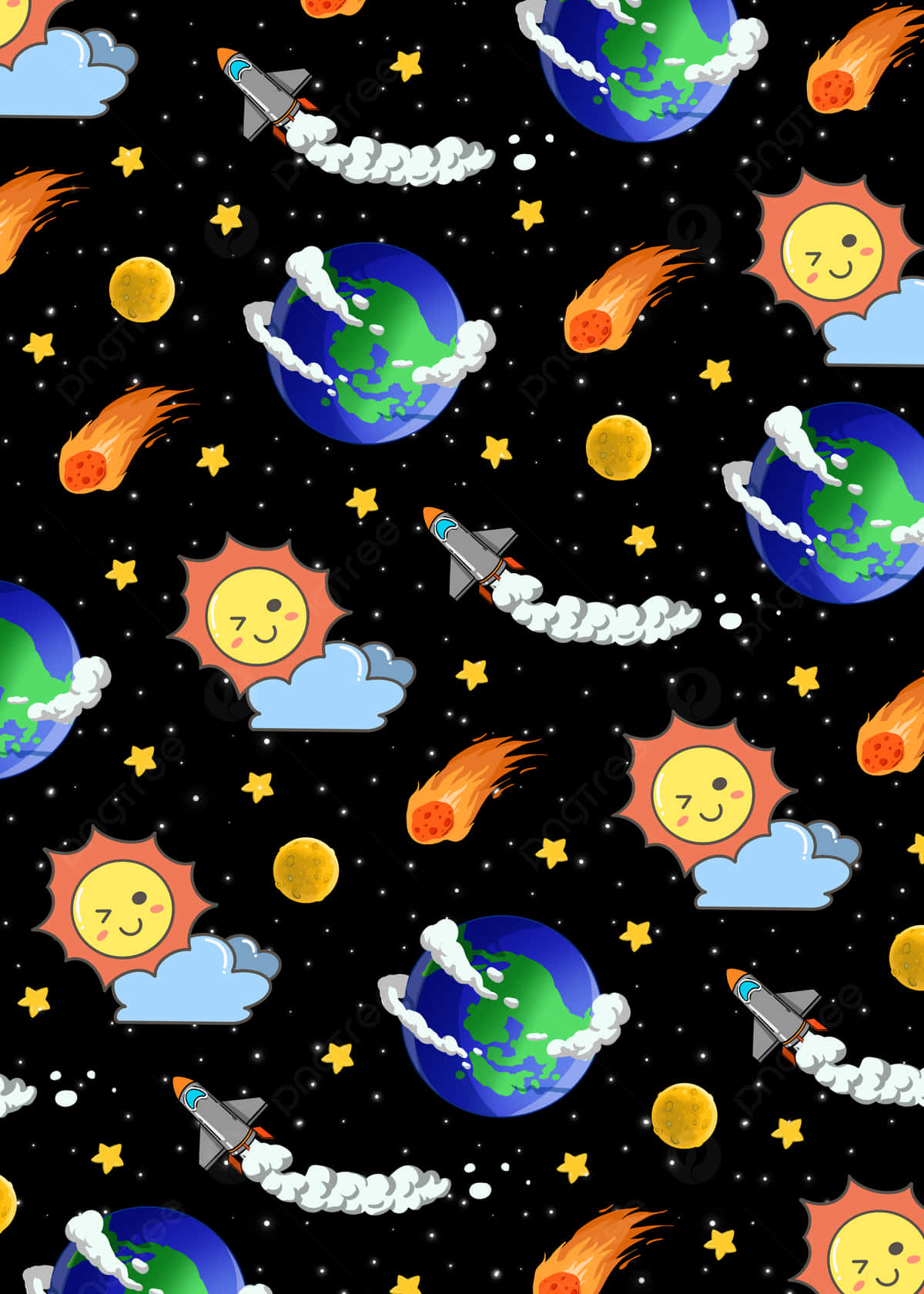 Best 桌布 壁紙 — 一個有趣的太空圖案，包含微笑的太陽、火箭、地球和流星，背景是星光閃爍的黑色。