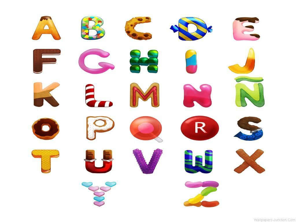 abc 桌布 壁紙 — 一個有趣的字母表，每個字母都設計成色彩繽紛的糖果或甜點。