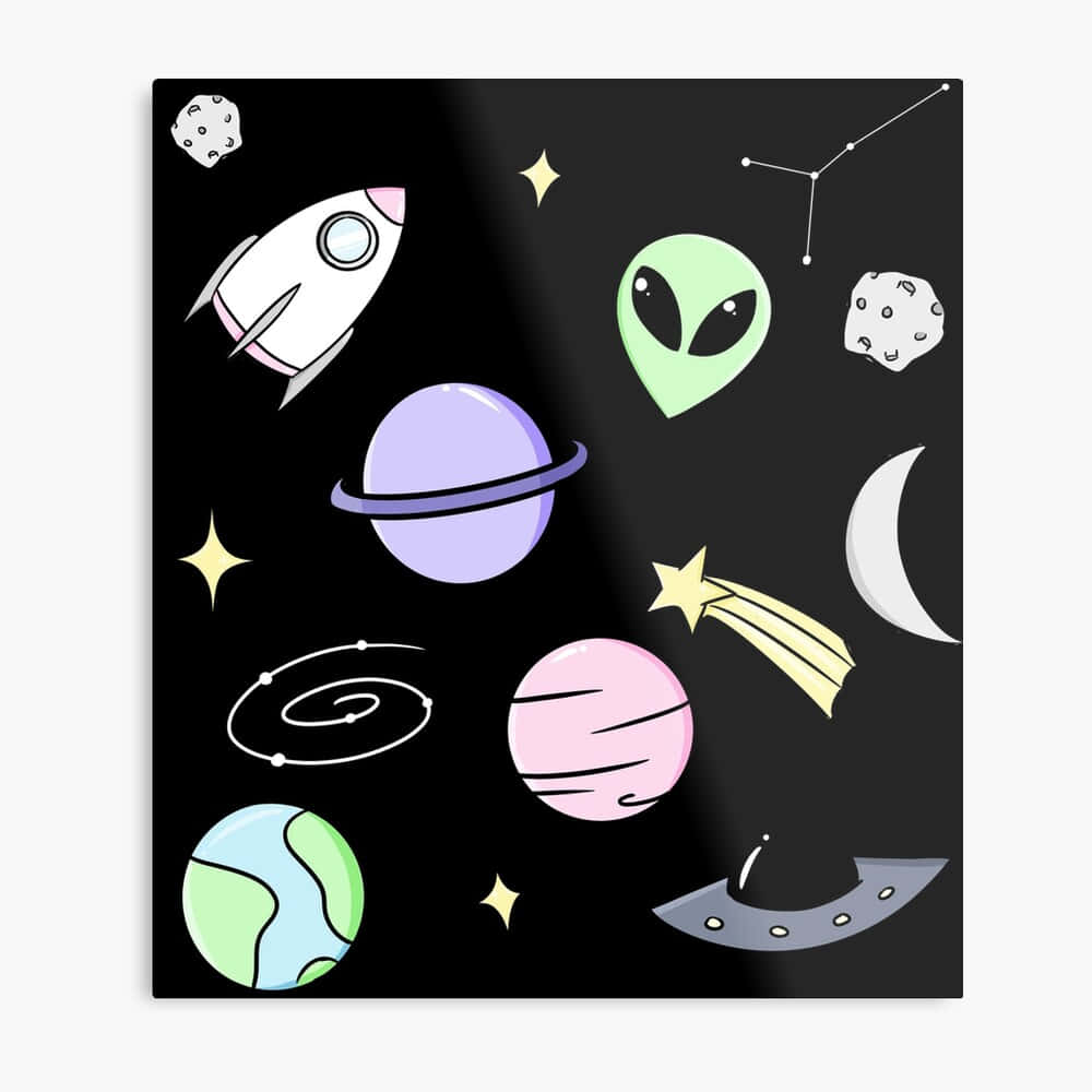 太空美學動圖 桌布 壁紙 — 一個有趣的宇宙場景，有粉彩行星、火箭、外星人和星星漂浮在黑色背景上。