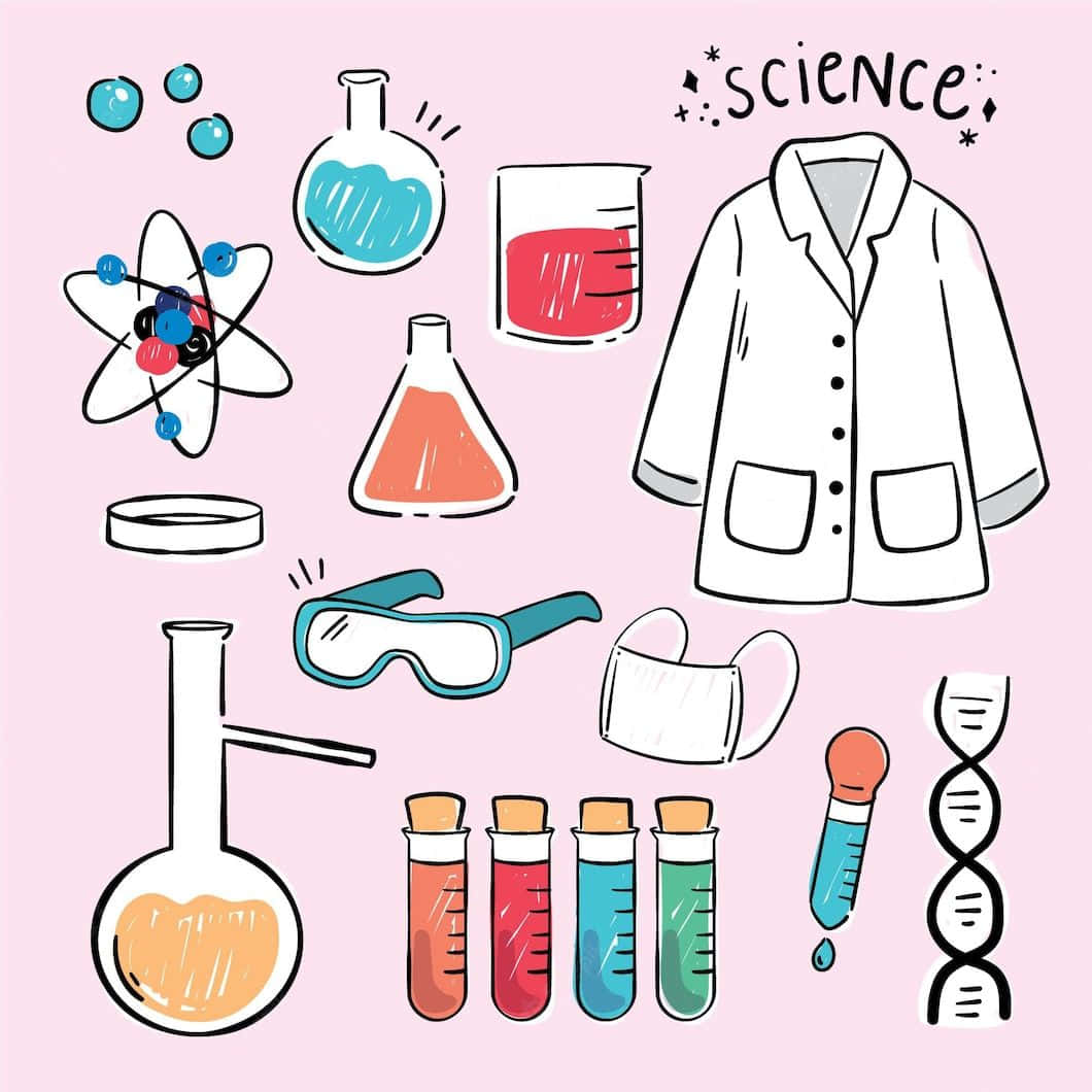 Cartoon Science 桌布 壁紙 — 一個有趣的實驗室設備塗鴉合集，包括燒杯、試管和實驗室外套，背景為柔和粉紅色。