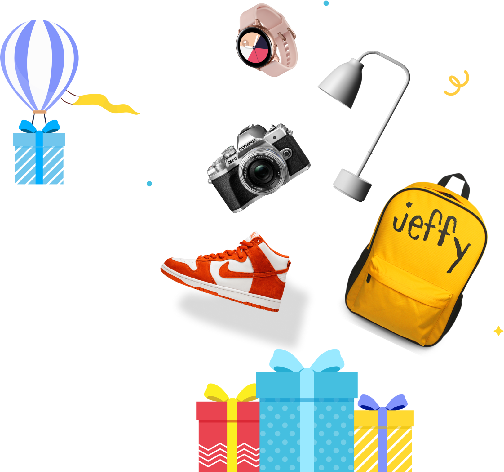 Jeffy 桌布 壁紙 — 一個有趣的漂浮拼貼畫，包含禮物、運動鞋、相機、背包和熱氣球，背景為黑色。