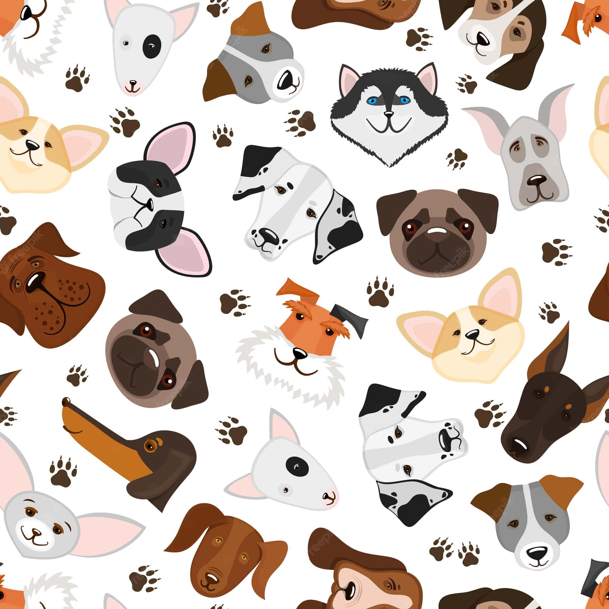 cute dogs 桌布 壁紙 — 一個有趣的無縫圖案，包含各種卡通狗臉和腳印，在乾淨的白色背景上。