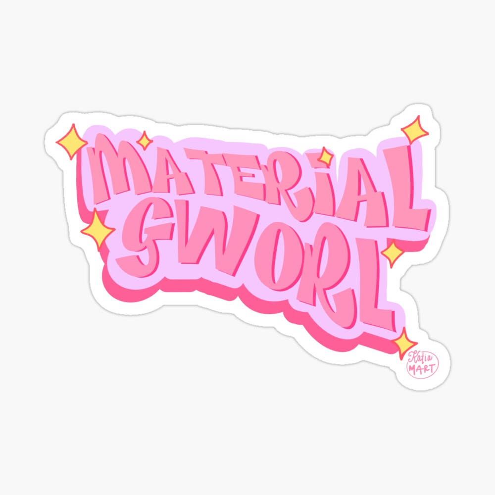 girly pink aesthetic 桌布 壁紙 — 一個有趣的粉紅色和紫色3D風格貼紙，上面有文字「MATERIAL GWOORL」，周圍環繞著黃色星星。