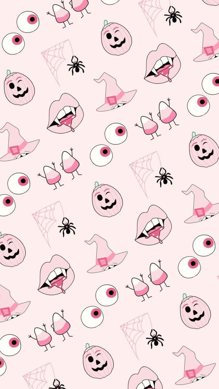 Pink Halloween 桌布 壁紙 — 一個有趣的粉紅色萬聖節圖案，包含糖果玉米、鬼魂、眼睛、嘴唇和帶有黑色蜘蛛的女巫帽。