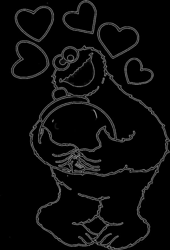 Line Art 桌布 壁紙 — 一個有趣的線條畫，描繪餅乾怪獸擁抱一個大餅乾，頭頂上有漂浮的心形。