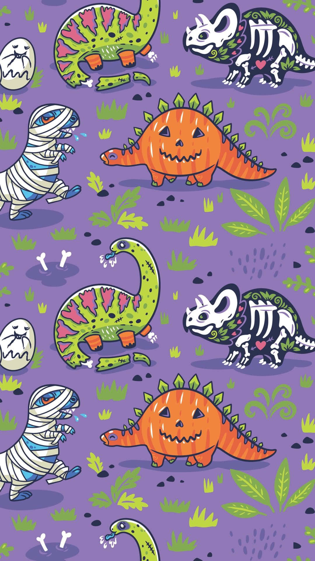 Cute Halloween 桌布 壁紙 — 一個有趣的萬聖節主題桌布， featuring 卡通恐龍，帶有恐怖面孔和木乃伊包裹，背景為紫色和綠色植物。