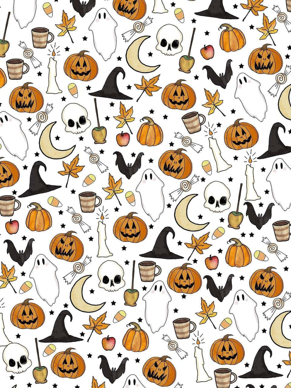 Halloween Pumpkin 桌布 壁紙 — 一個有趣的萬聖節圖案，南瓜、鬼魂、蝙蝠和女巫帽散落在白色背景上。