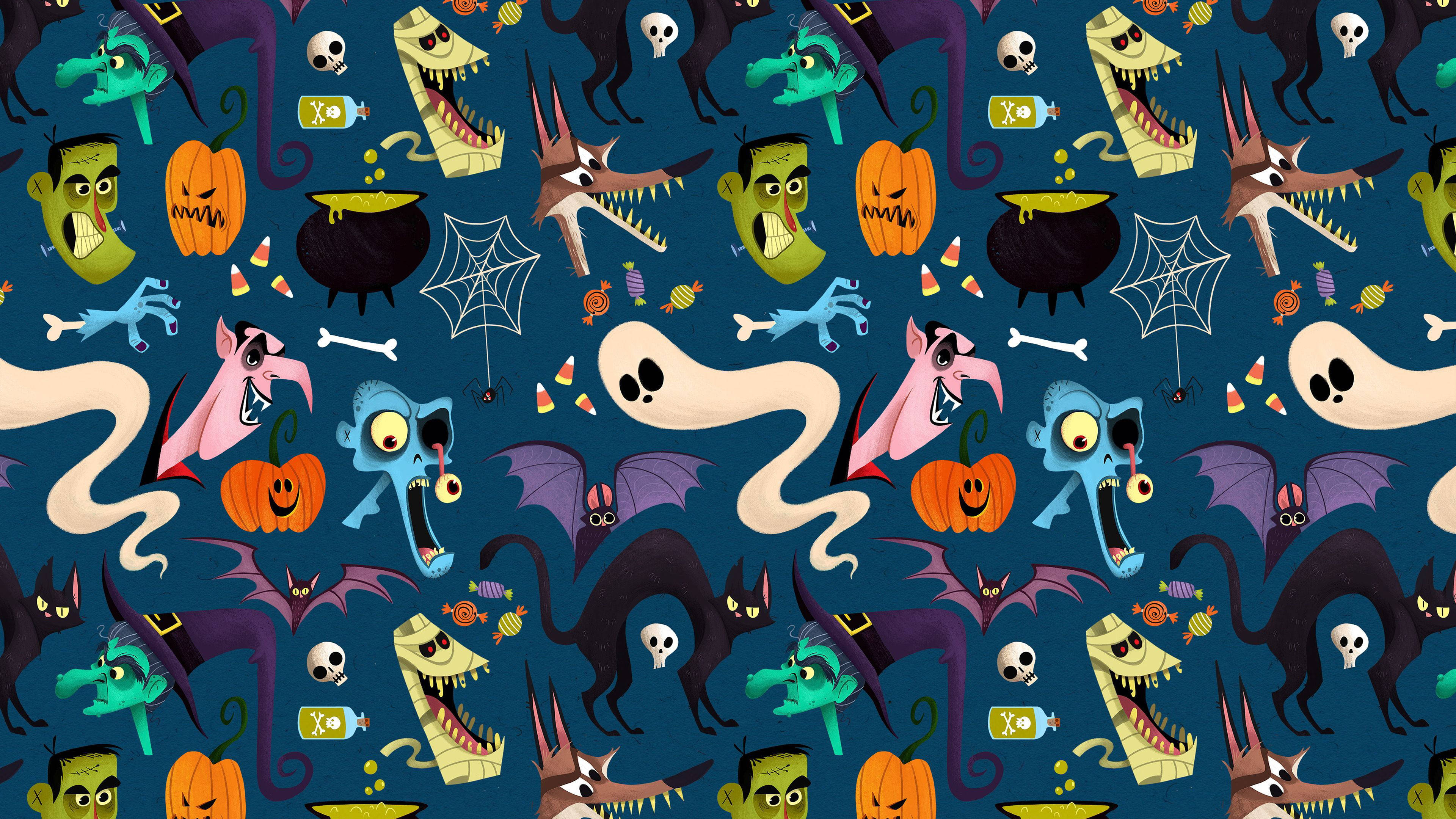 Cute Halloween Desktop 桌布 壁紙 — 一個有趣的萬聖節圖案，在深藍色背景上包含卡通鬼魂、蝙蝠、南瓜和怪物。