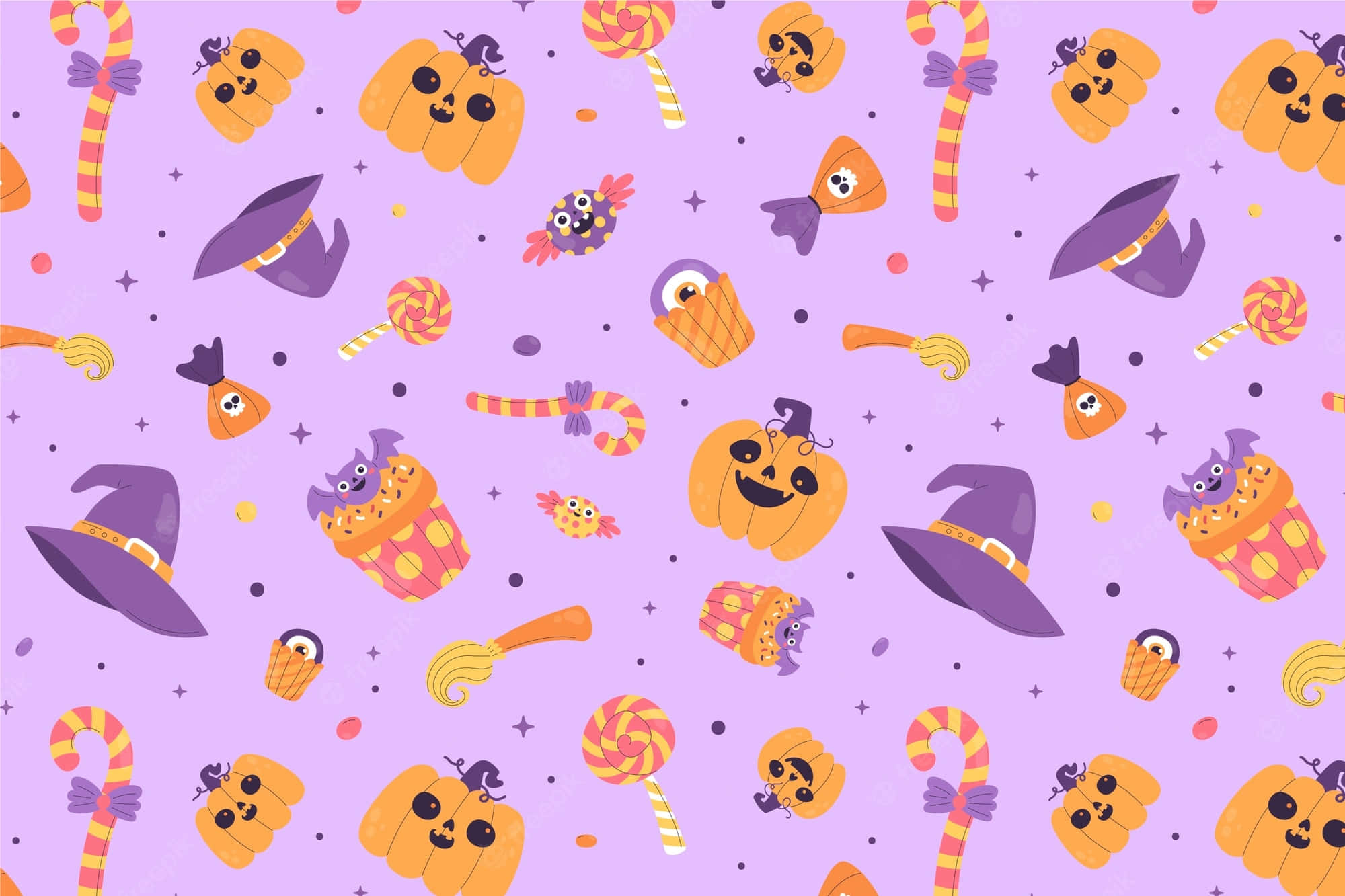 Pastel Halloween 桌布 壁紙 — 一個有趣的萬聖節圖案，在薰衣草背景上有微笑的南瓜、女巫帽和糖果手杖。