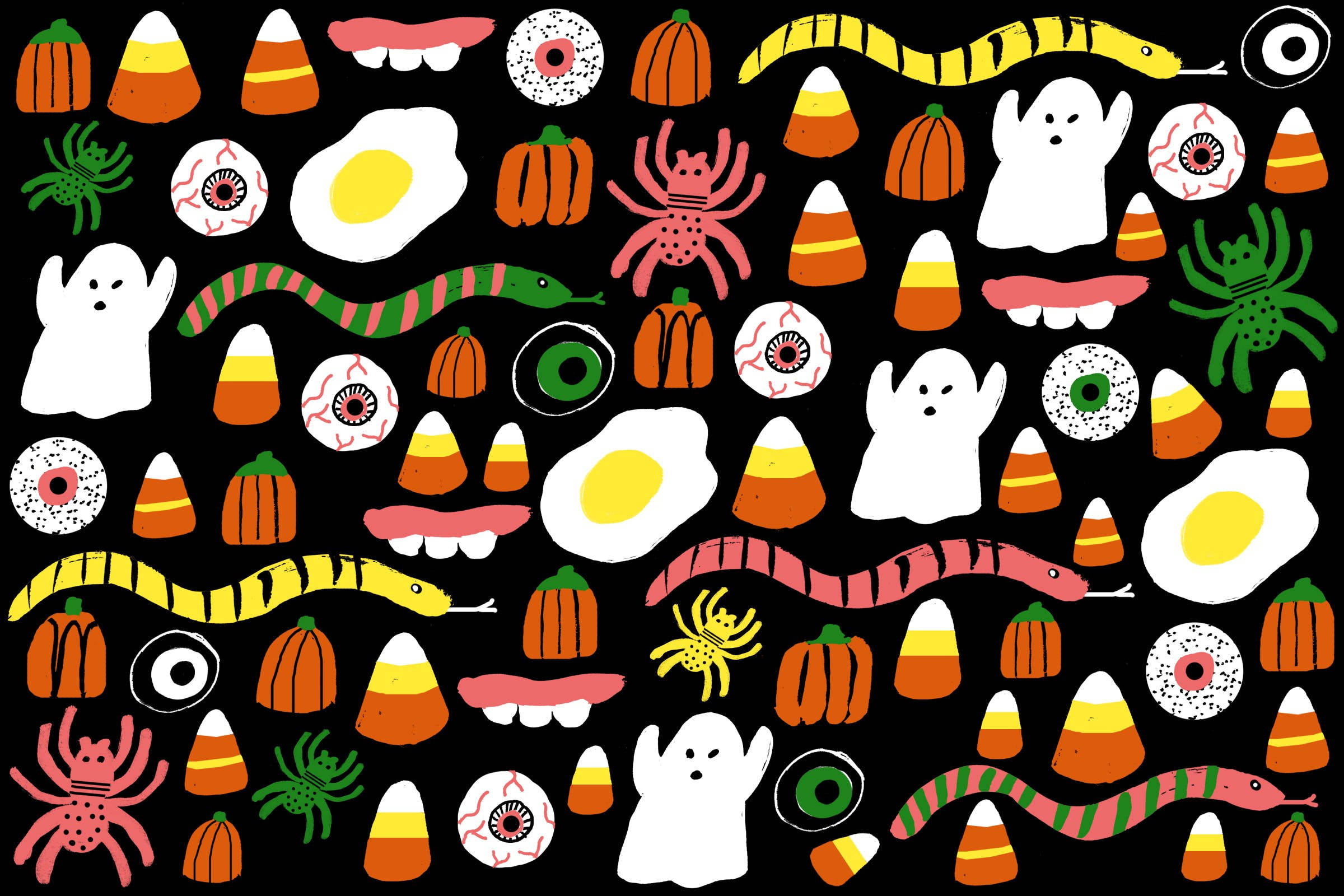 Spooky Season 桌布 壁紙 — 一個有趣的萬聖節圖案，在黑色背景上包含鬼魂、蜘蛛、眼球和糖果玉米。
