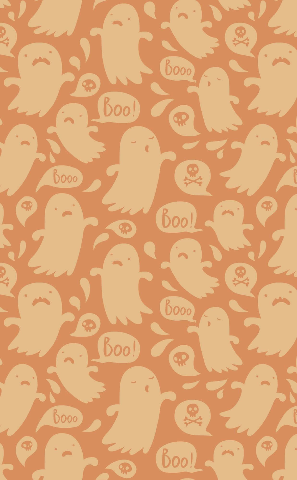 Cute Ghost 桌布 壁紙 — 一個有趣的萬聖節桌布，在溫暖的橙色背景上有可愛的米色幽靈說「boo」和骷髏。