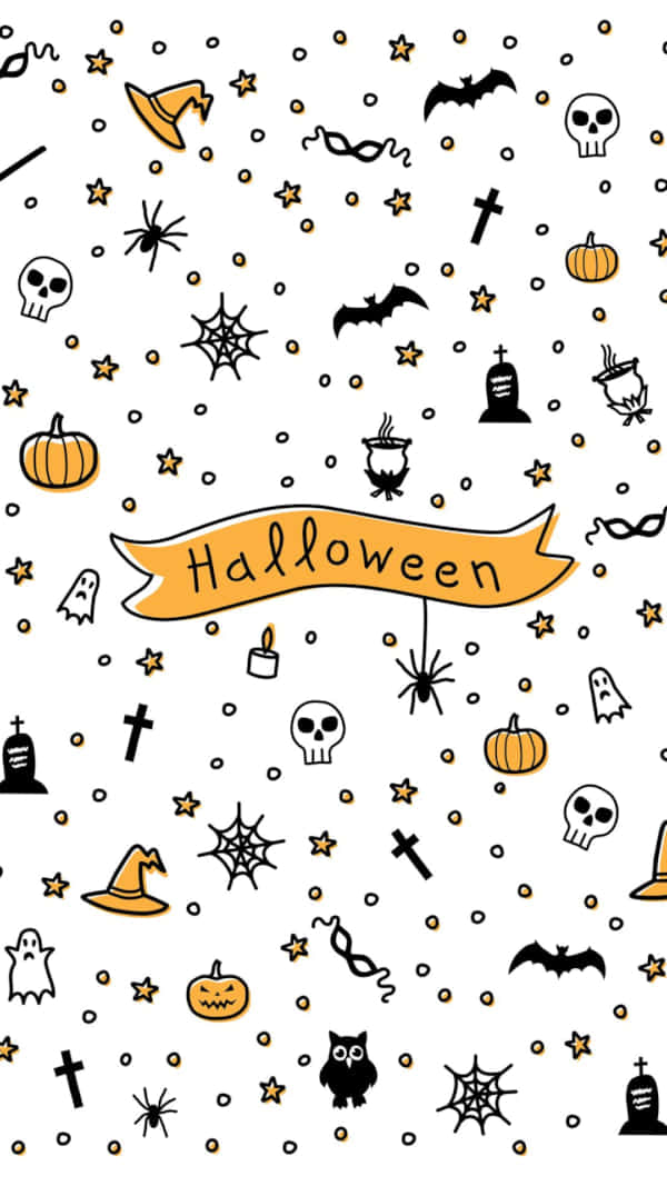iPhone Cute Halloween 桌布 壁紙 — 一個有趣的萬聖節桌布，白色背景上散落著黑色和橙色的圖標，如南瓜、蝙蝠、骷髏和鬼魂。