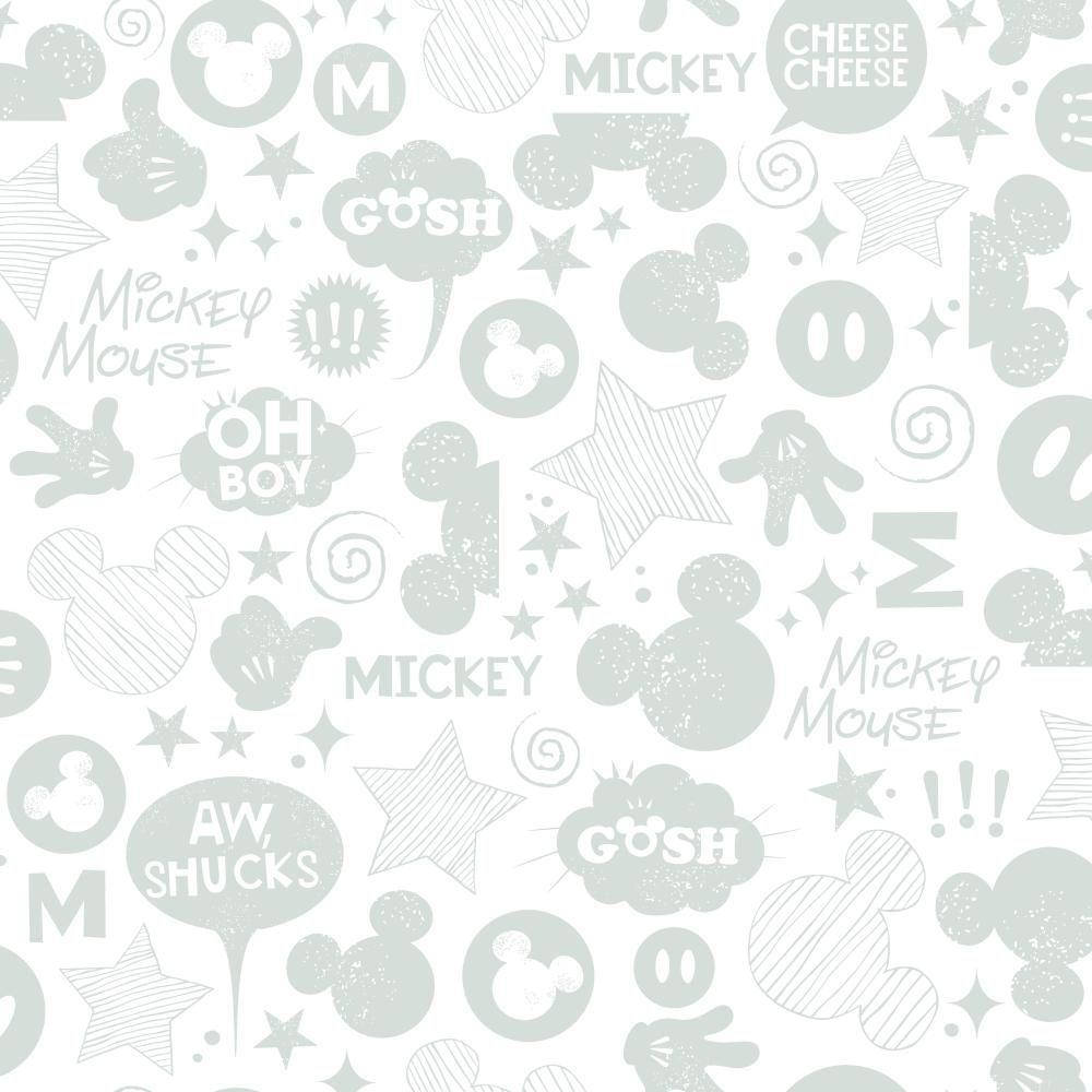 Disney Pattern 桌布 壁紙 — 一個有趣的薄荷綠色壁紙圖案，以米奇老鼠圖標、對話氣泡和星星為特色，背景為白色。