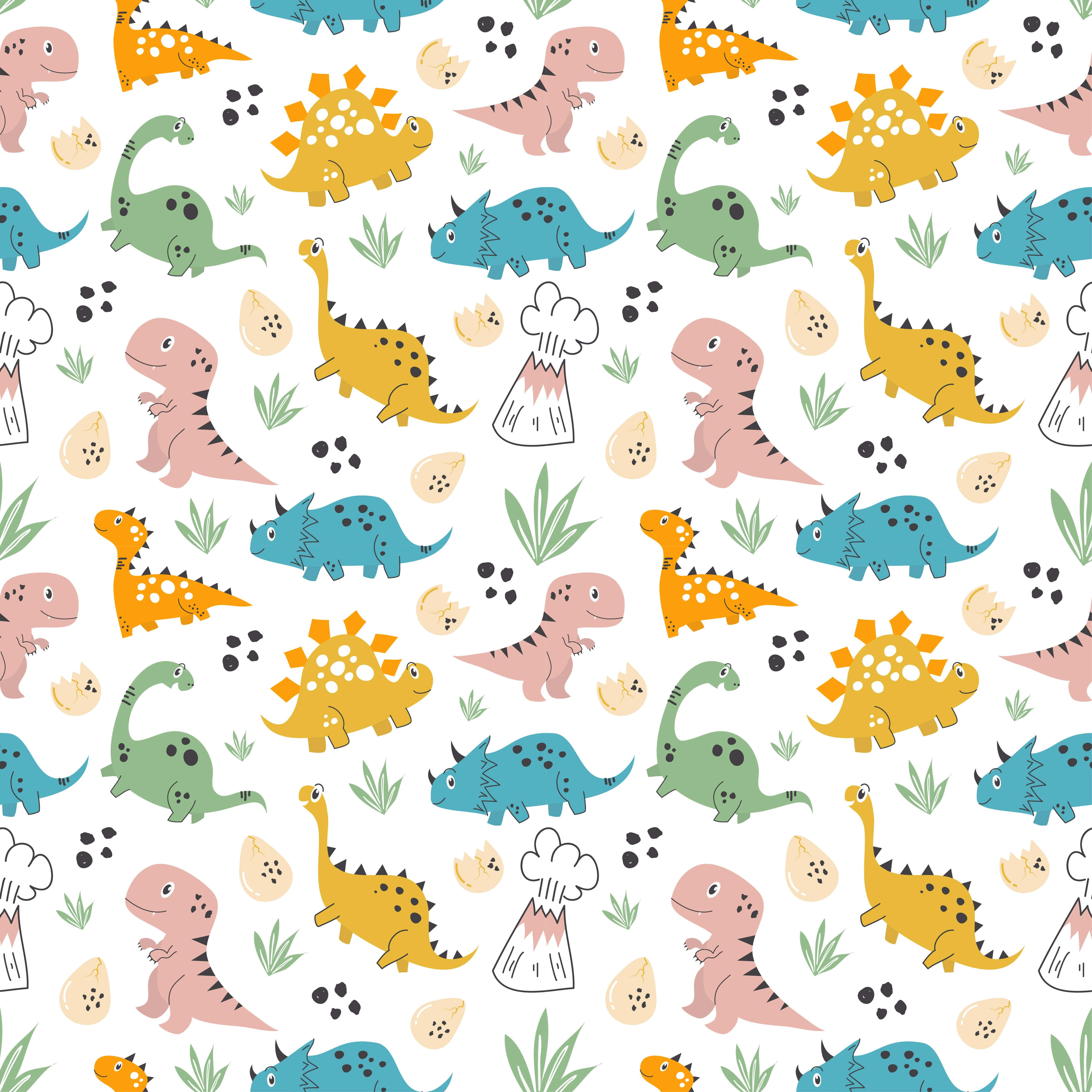 Cute Dinosaur 桌布 壁紙 — 一個有趣的重复圖案，以白色背景上的彩色卡通恐龍、蛋和火山為特色。