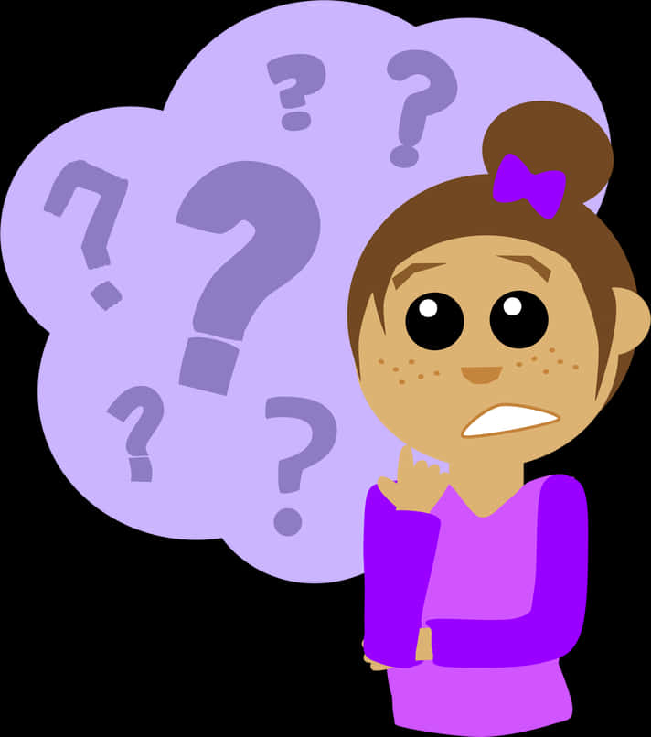 Question Mark 桌布 壁紙 — 一個有雀斑和紫色蝴蝶結的卡通女孩，帶著充滿問號的思考泡泡沉思。