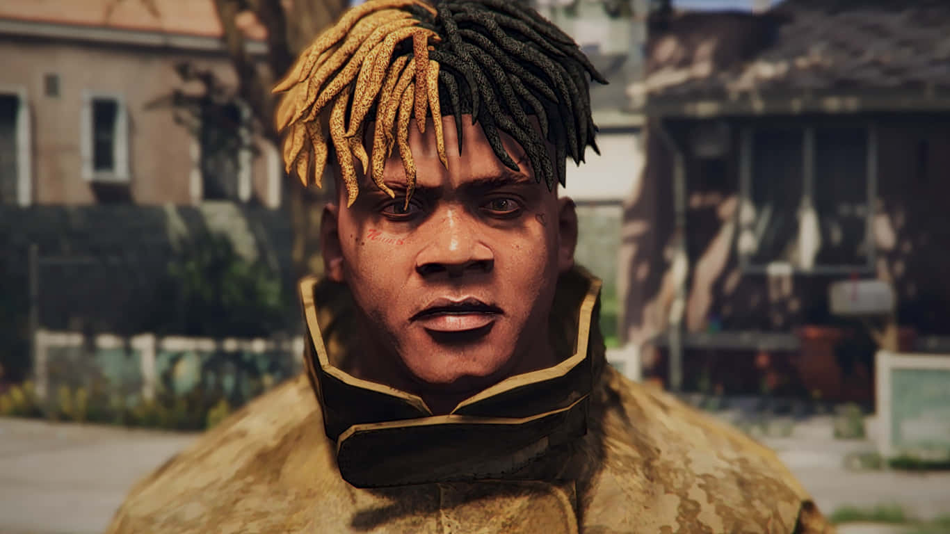 xxxtentacion 電腦 桌布 壁紙 — 一個有雙色辮子頭和滄桑表情的男人特寫，在 gritty 的城市環境中。