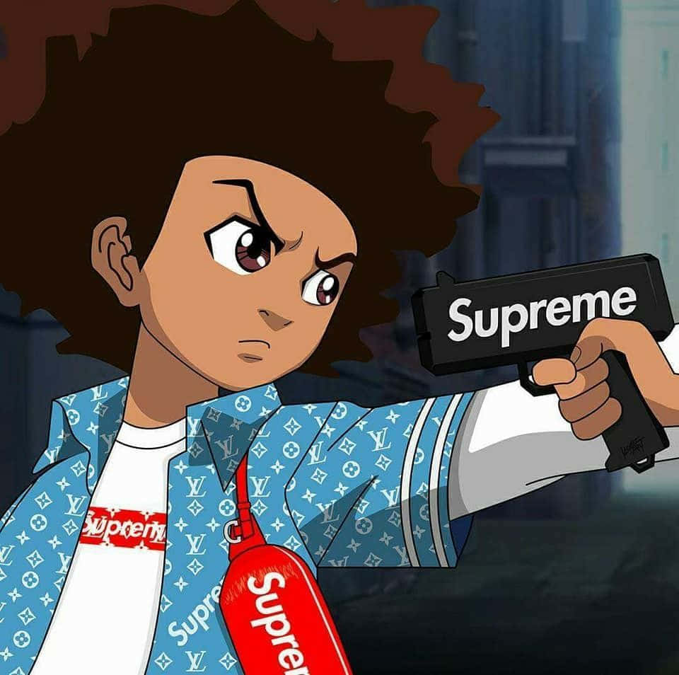 Boondocks 桌布 壁紙 — 一個有非洲式頭髮的動漫角色，穿著藍色 Louis Vuitton 圖案外套和紅色 Supreme 包，手持黑色 Supreme 品牌槍支。