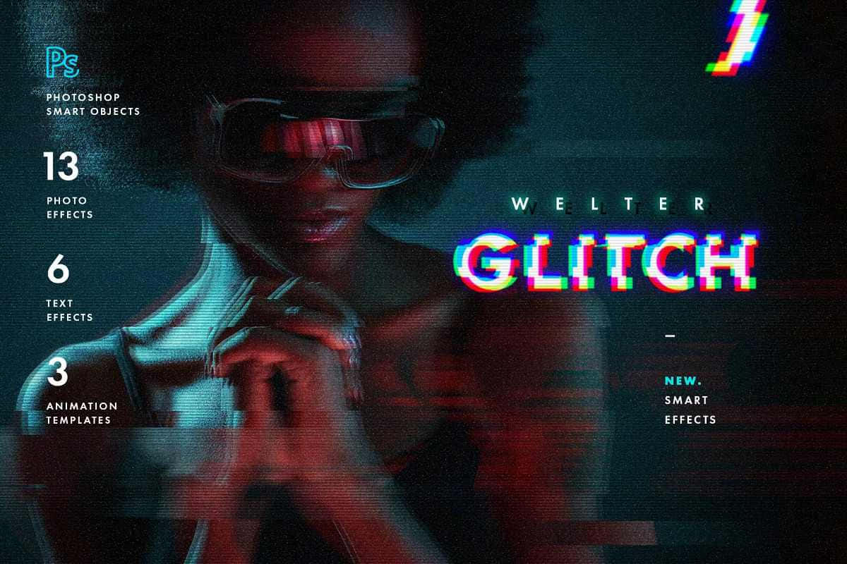 Glitch 桌布 壁紙 — 一個有非洲髮型和眼鏡的人，在黑暗背景上帶有充滿活力的紅色和青色色調的故障數字疊加層。