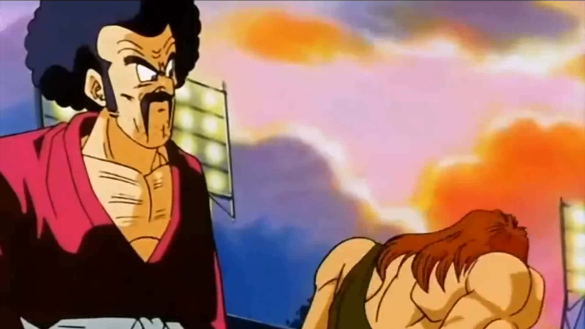 Hercule Satan 桌布 壁紙 — 一個有鬍子和爆炸頭的動漫角色，在火紅的日落天空背景下，專注地盯著另一個肌肉發達的角色。