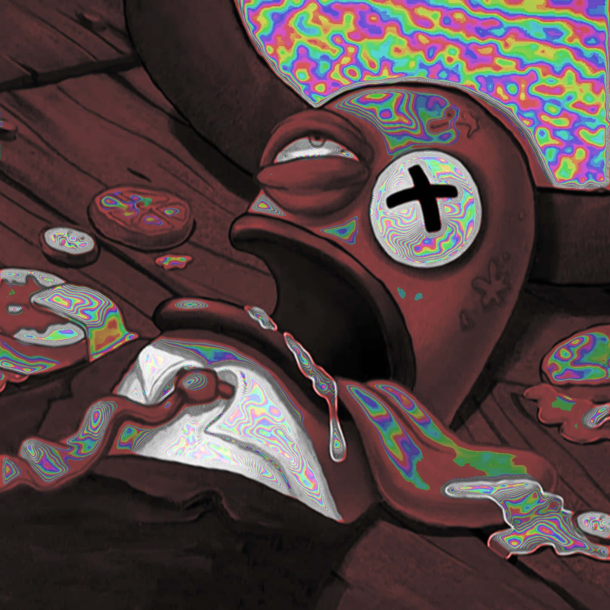 Aesthetic Spongebob 桌布 壁紙 — 一個有鬥雞眼面孔和迷幻色彩扭曲的超現實數位藝術生物躺在木板上。