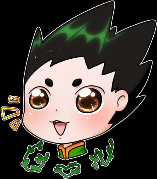 獵人 x 獵人 桌布 壁紙 — 一個有黑色和綠色刺蝟頭和大大啡色眼睛的Q版動畫男孩在黑色背景上開心地微笑。