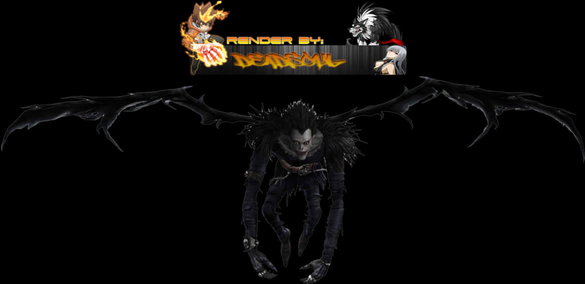 Death Note Ryuk 桌布 壁紙 — 一個有黑色翅膀的骷髏人物，頭髮尖刺，身穿破爛黑色衣服，在黑色背景上盤旋，上方有火焰般的動漫風格角色橫幅。