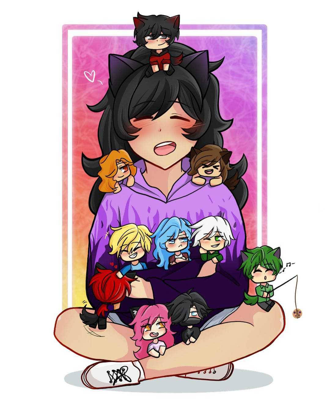 Aphmau 桌布 壁紙 — 一個有黑色貓耳和紫色連帽衫的Q版動漫女孩盤腿而坐，被八個較小的Q版角色包圍，背景是溫暖的漸變色。