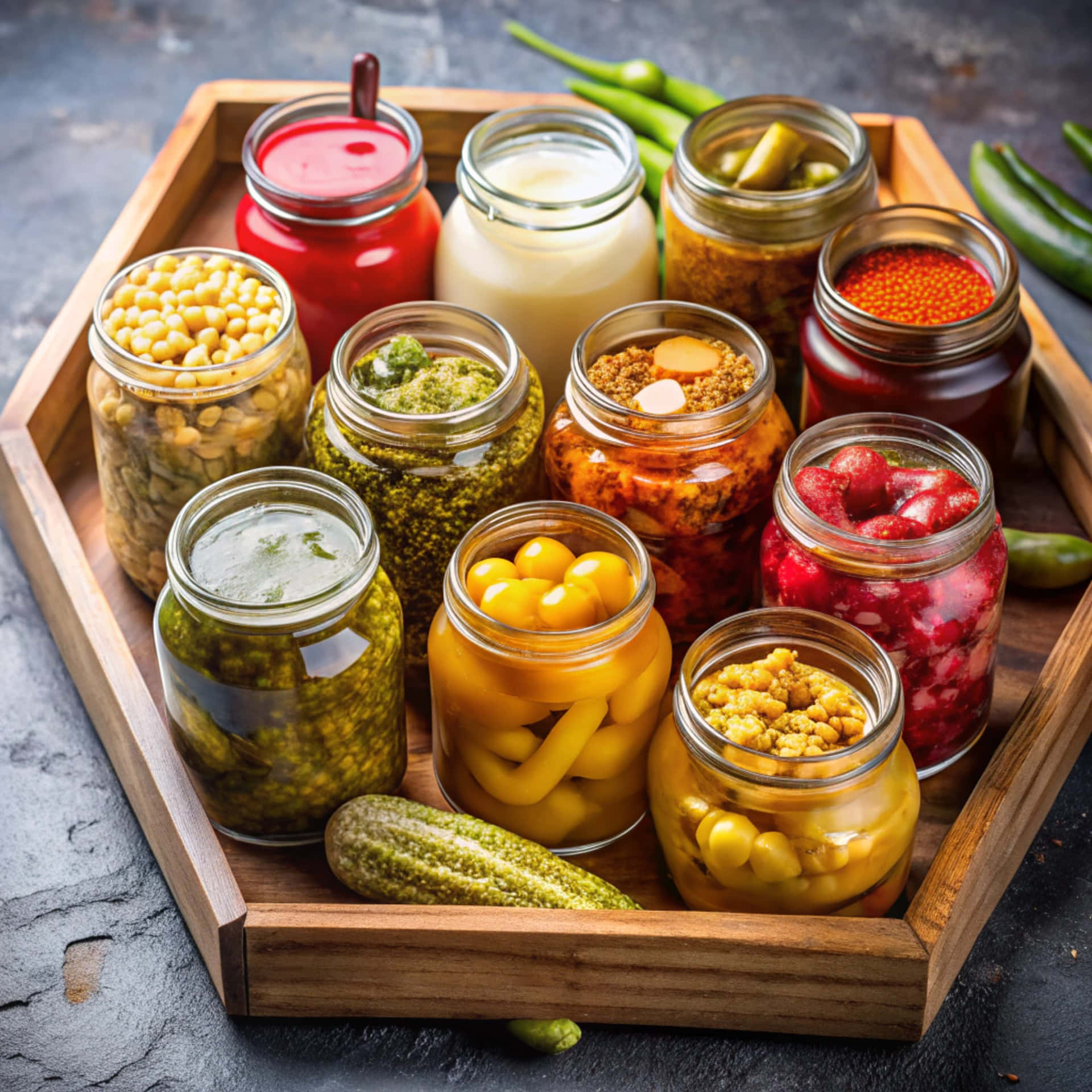 Jars with different foods 壁紙 — 一個木托盤上放著各種玻璃罐，裡面裝滿了色彩繽紛的醃製蔬菜、醬汁和調味料，背景是深色石頭。