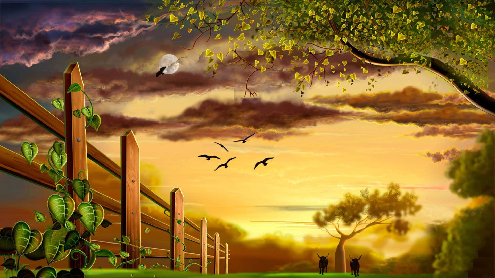 Silhouette 桌布 壁紙 — 一個木柵欄上攀爬著藤蔓，框住了夕陽場景，有剪影的牛和飛鳥在戲劇性的天空下。