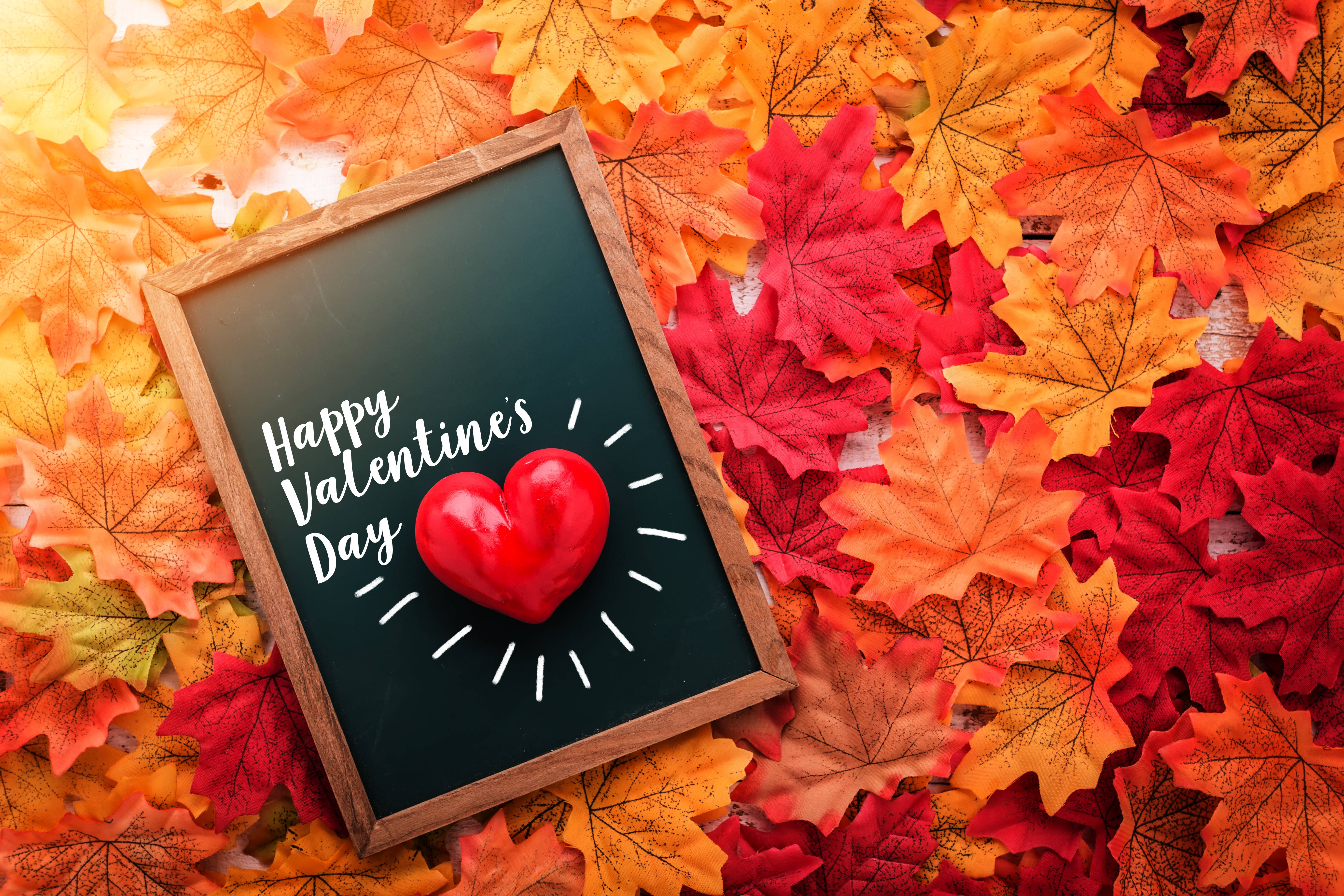情人節 桌布 壁紙 — 一個木框黑板，上面寫著「Happy Valentine's Day」和一個紅心，放在鮮豔的秋天楓葉堆上。