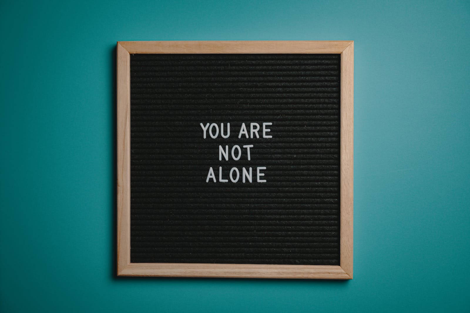Motivational Quotes 桌布 壁紙 — 一個木框黑色氈板在青綠色牆上以白色字母展示振奮人心的訊息「你並不孤單」。