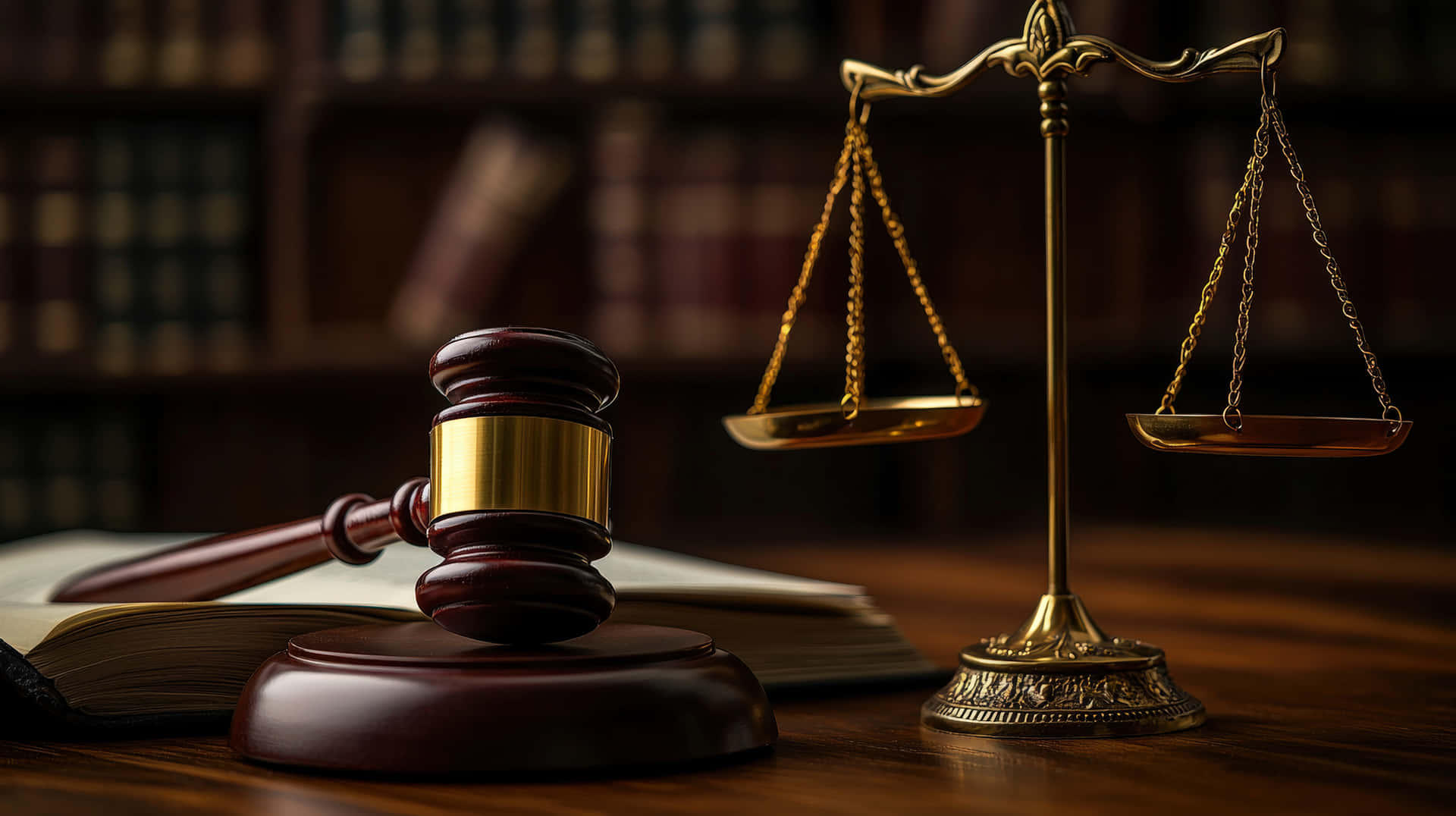 A close-up of a wooden judge's gavel and brass scales of justice placed on a desk, symbolizing law 壁紙 — 一個木槌和金色的正義天秤放在桌子上，旁邊有一本打開的法律書，背景是書架。