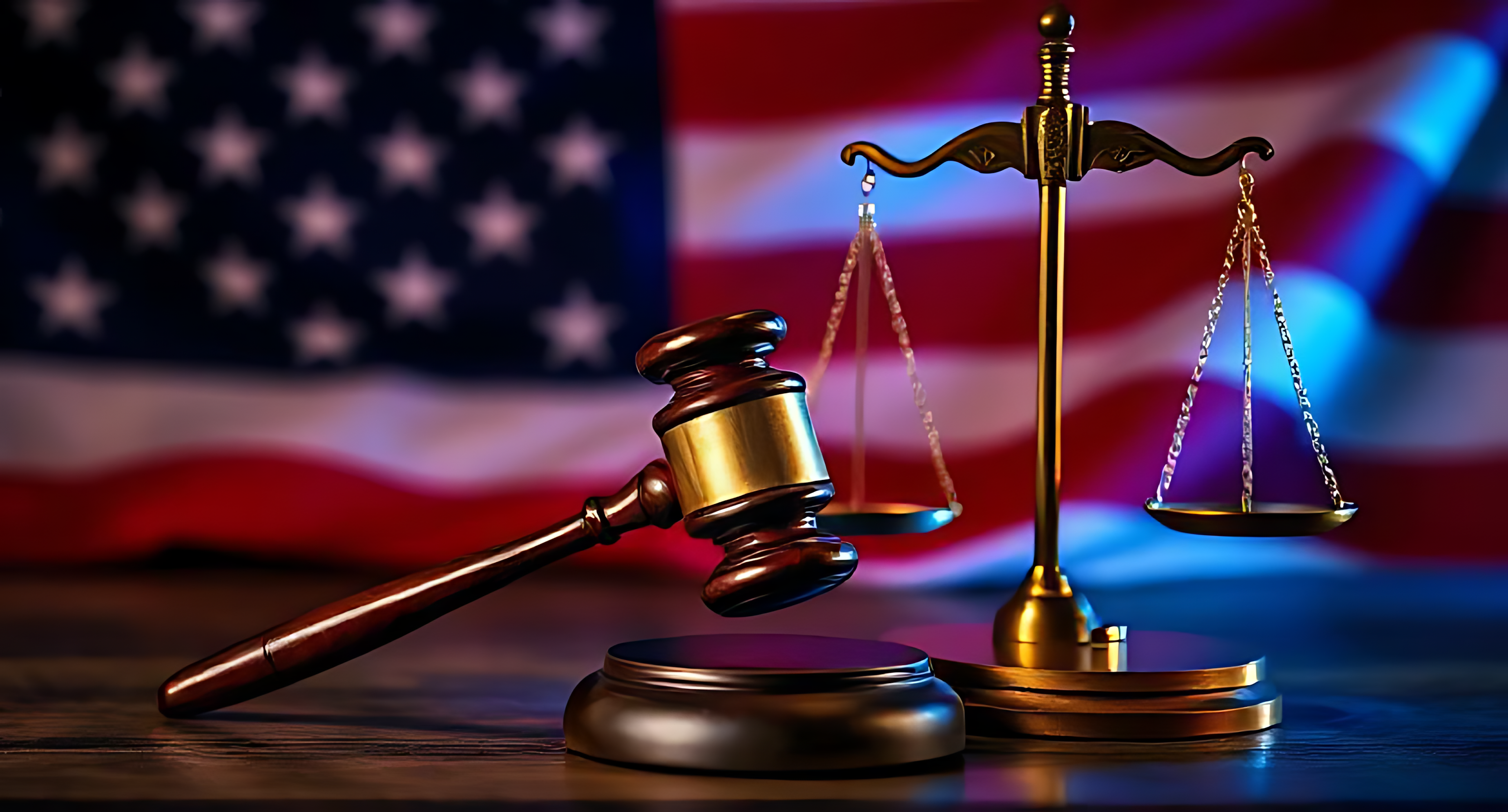 Justice 桌布 壁紙 — 一個木槌和金色的正義天秤放在深色木質表面上，背景是模糊的美國國旗。