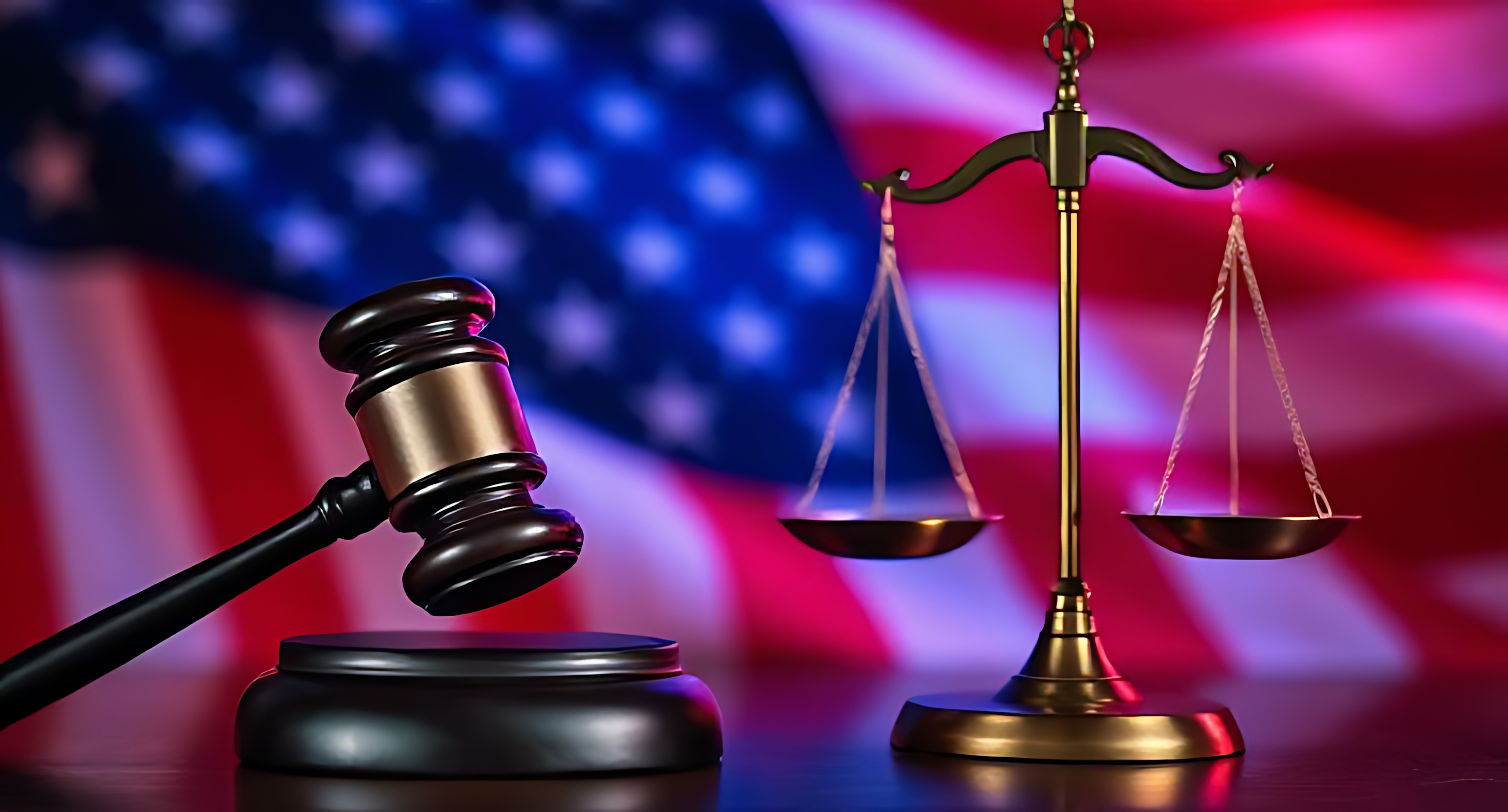 Law 桌布 壁紙 — 一個木槌和金色的正義天秤放在黑暗的表面上，背景是模糊的美國國旗。