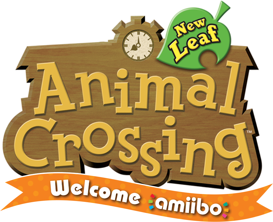標誌 桌布 壁紙 — 一個木牌，上面有粗體黃色字 'Animal Crossing New Leaf'，頂部有時鐘和綠色葉子標誌，下方有橙色橫幅寫著 'Welcome amiibo'。