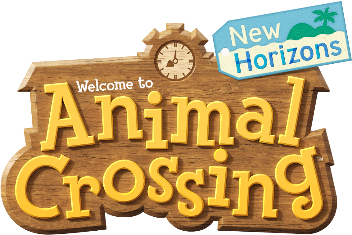 標誌 桌布 壁紙 — 一個木牌，上面有粗體黃色字寫著「Welcome to Animal Crossing」，以及一個帶有棕櫚樹和島嶼的「New Horizons」標籤。
