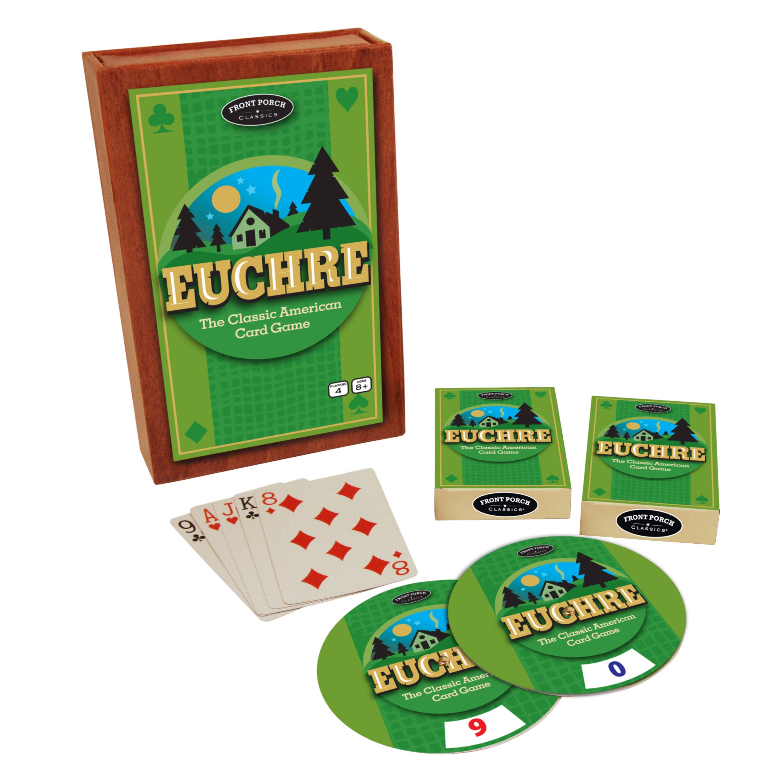 Playing Cards 桌布 壁紙 — 一個木盒和紙牌，用於經典美國紙牌遊戲 Euchre，帶有綠色森林主題的藝術品。