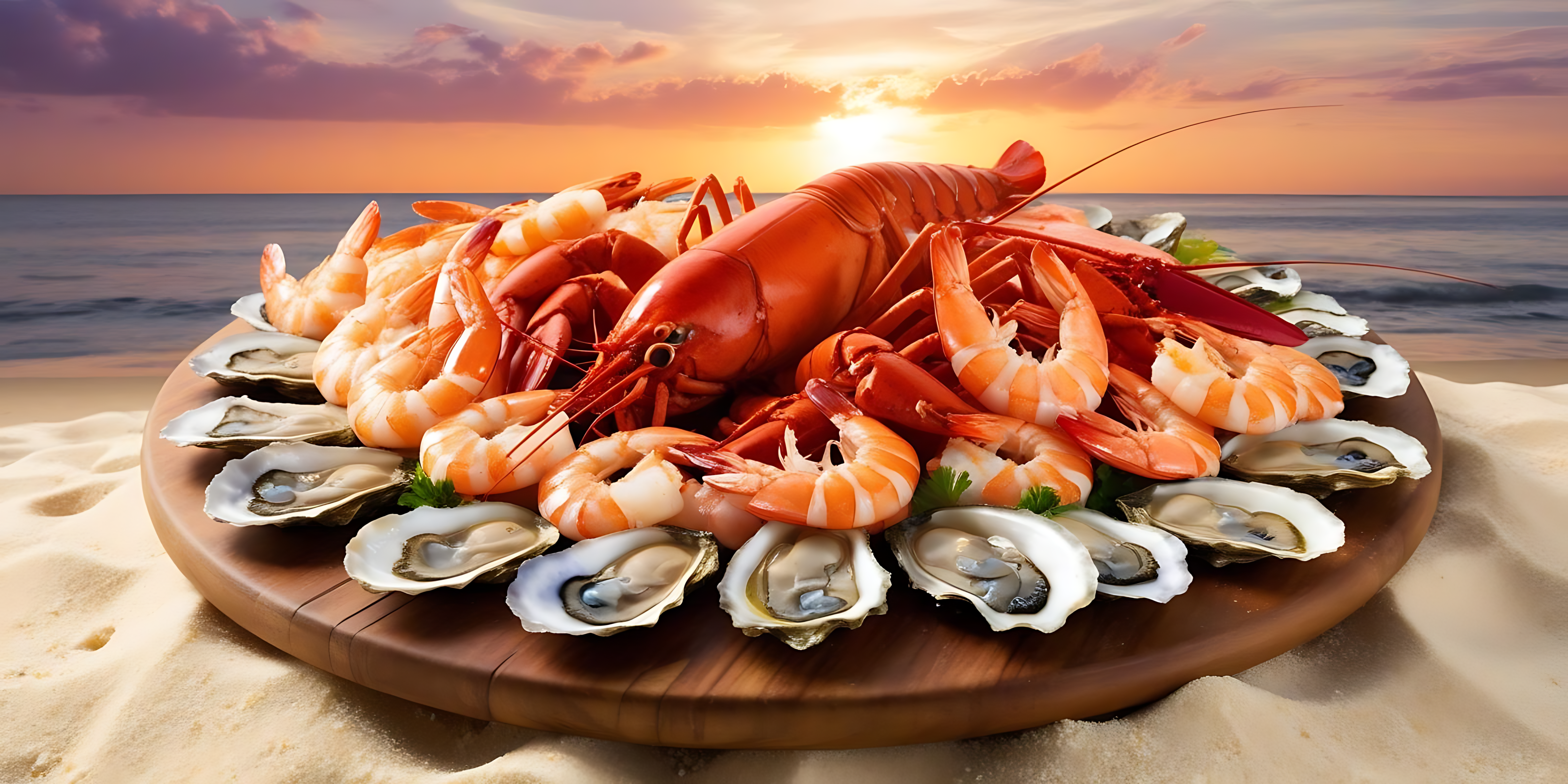 shrimp 桌布 壁紙 — 一個木盤上堆滿了煮熟的龍蝦、蝦和生蠔，放在日落時分的沙灘上。