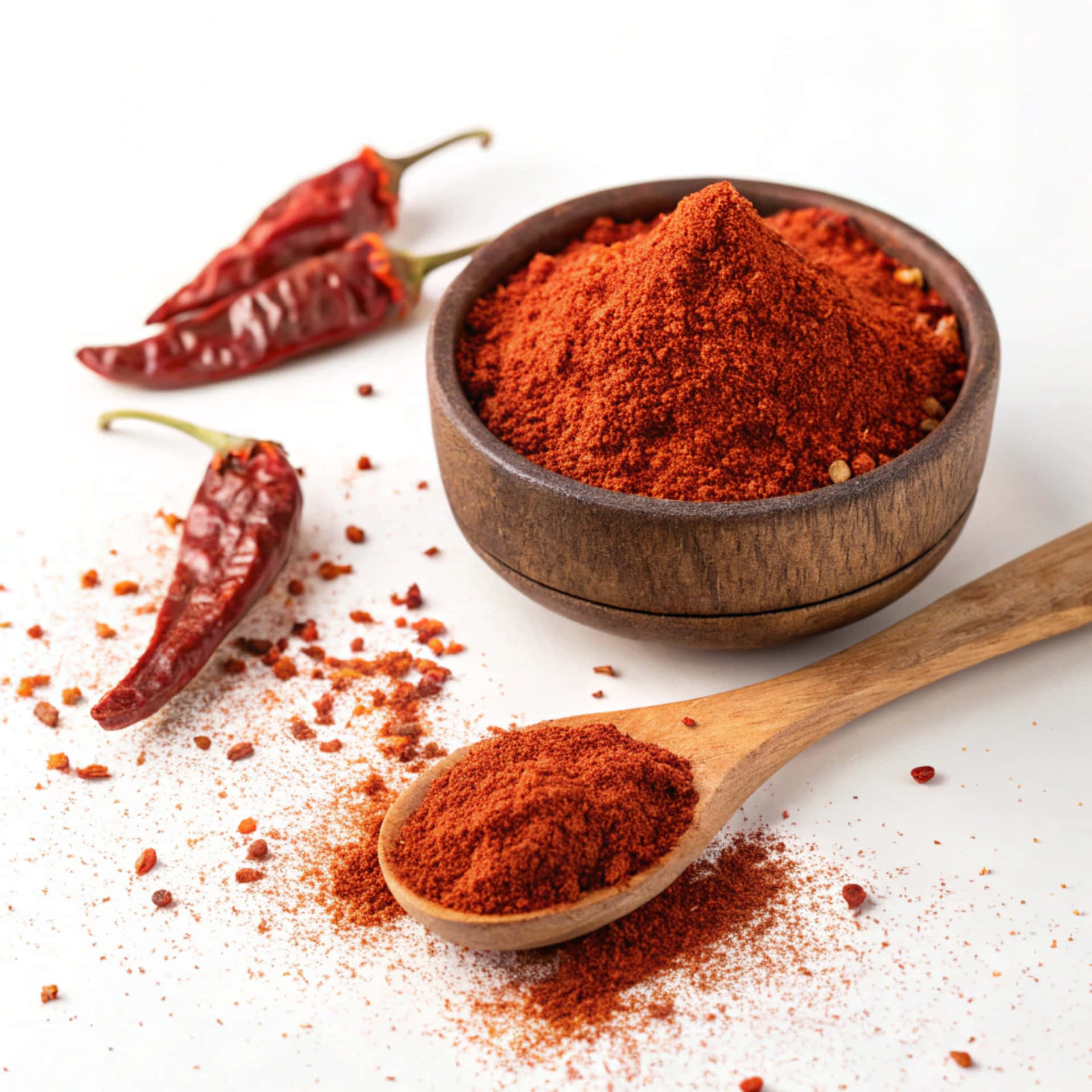 Vibrant red chili powder in a bowl and spoon with dried chilies 壁紙 — 一個木碗和湯匙裝滿鮮紅色的辣椒粉，周圍是乾紅辣椒，放在白色表面上。
