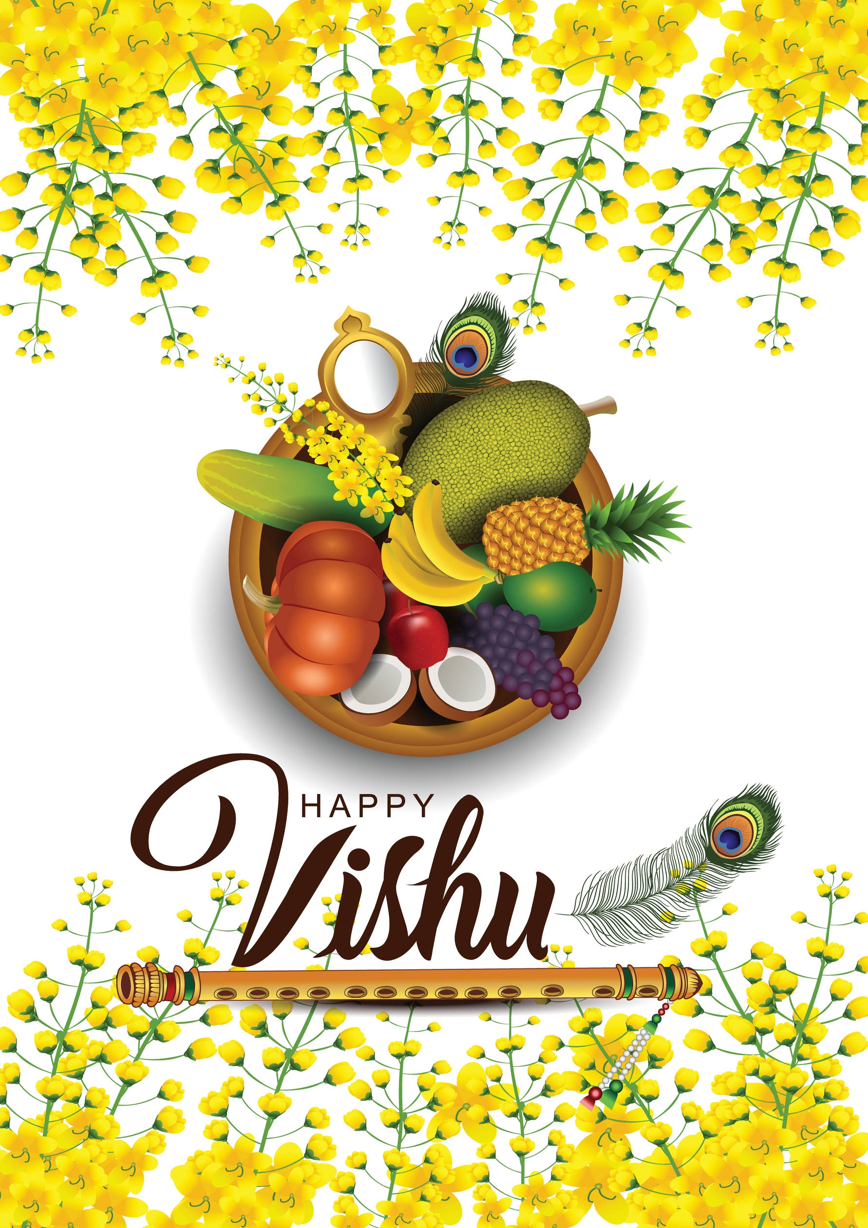Vishu 桌布 壁紙 — 一個木碗盛滿色彩繽紛的水果和花朵，周圍環繞著黃色花朵瀑布和孔雀羽毛的鮮豔插圖。