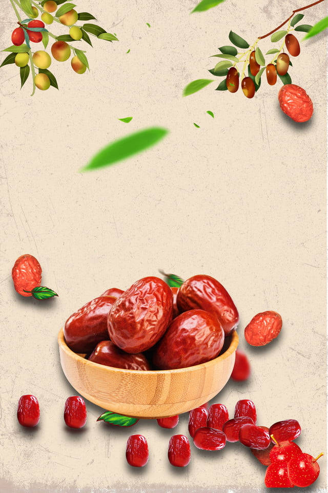 動畫 桌布 壁紙 — 一個木碗裝滿了飽滿的紅棗，周圍有落葉和樹枝，背景是帶紋理的米色。