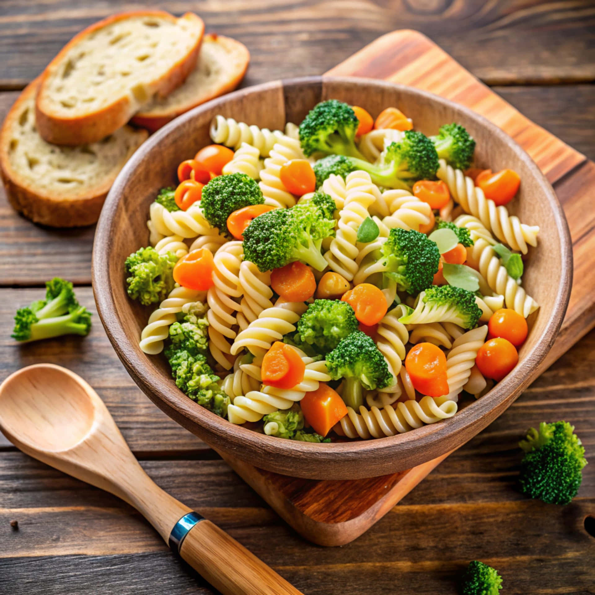 Fusilli pasta with broccoli 壁紙 — 一個木碗裝滿螺旋義大利麵、青花菜和櫻桃番茄，放在一張質樸的木桌上，旁邊有麵包片和木匙。