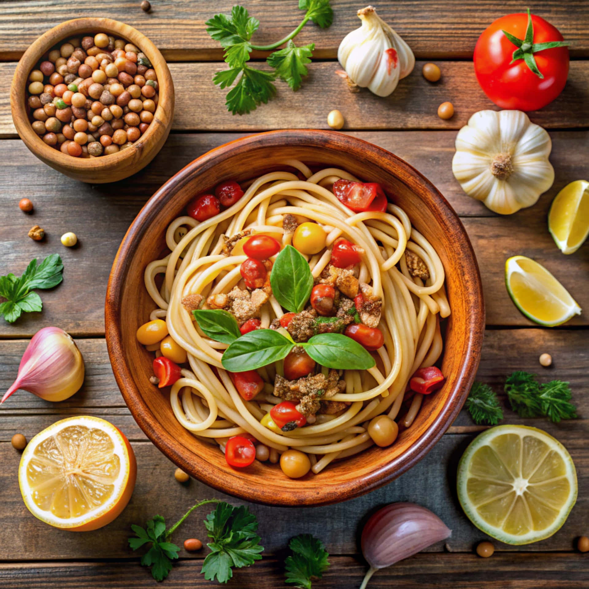 Top view of pasta and beans 壁紙 — 一個木碗裡裝著義大利麵、櫻桃番茄、羅勒和鷹嘴豆，放在一張質樸的木桌上，周圍是新鮮的大蒜、檸檬和歐芹。