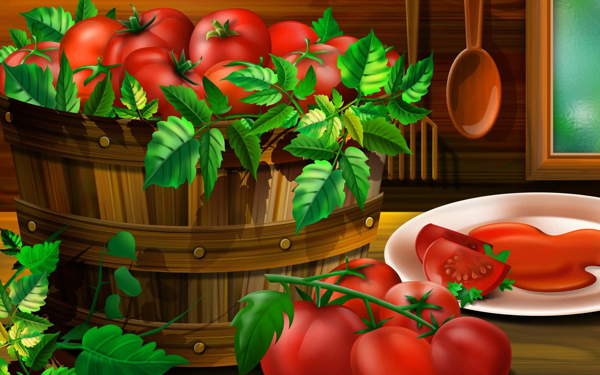 Tomatoes 桌布 壁紙 — 一個木籃裝滿成熟的紅色番茄和綠色藤蔓，旁邊放著一盤切片番茄，放在鄉村風格的廚房檯面上。