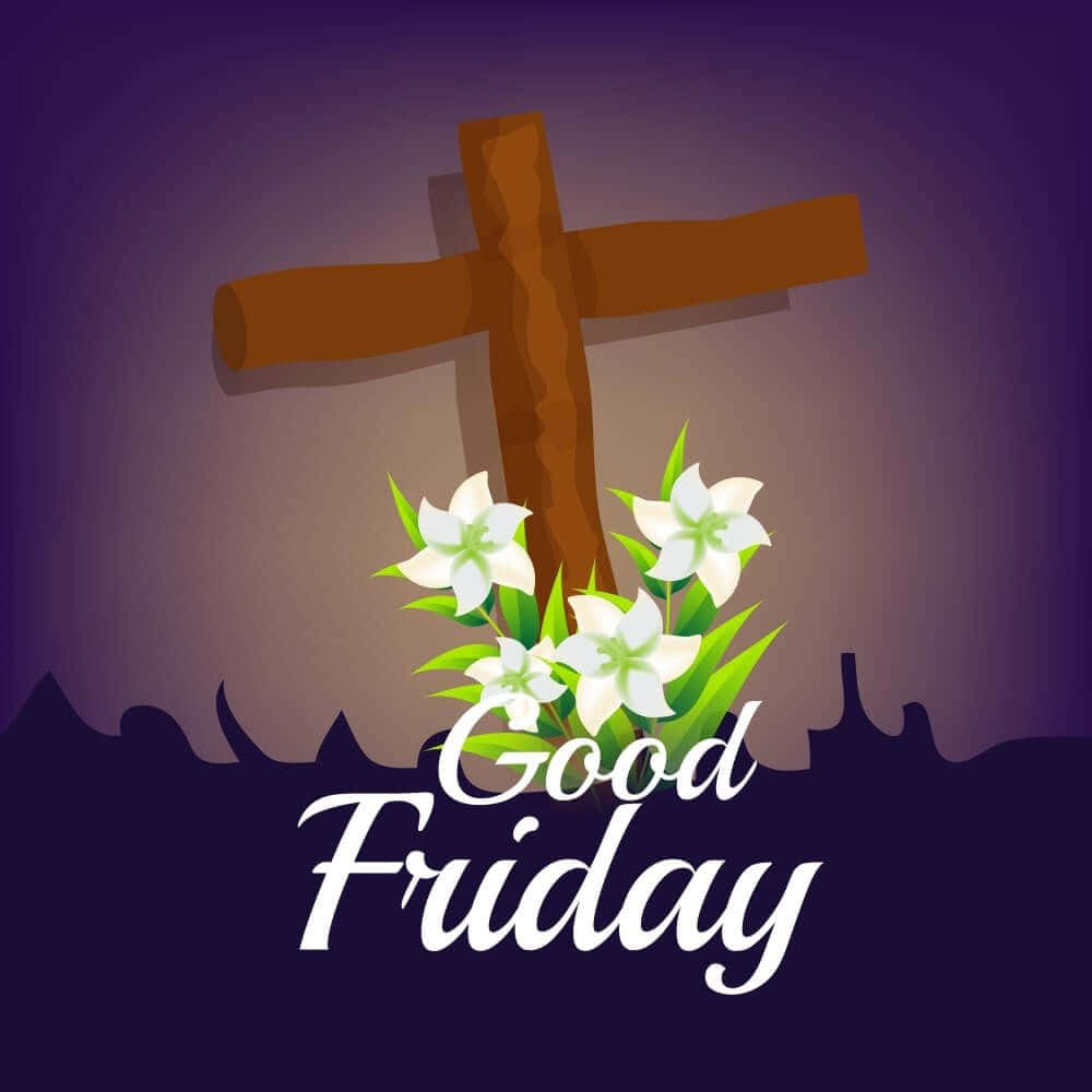 Good Friday 桌布 壁紙 — 一個木製十字架，底部盛開著白色百合花，背景為紫色漸層，下方寫有「Good Friday」。