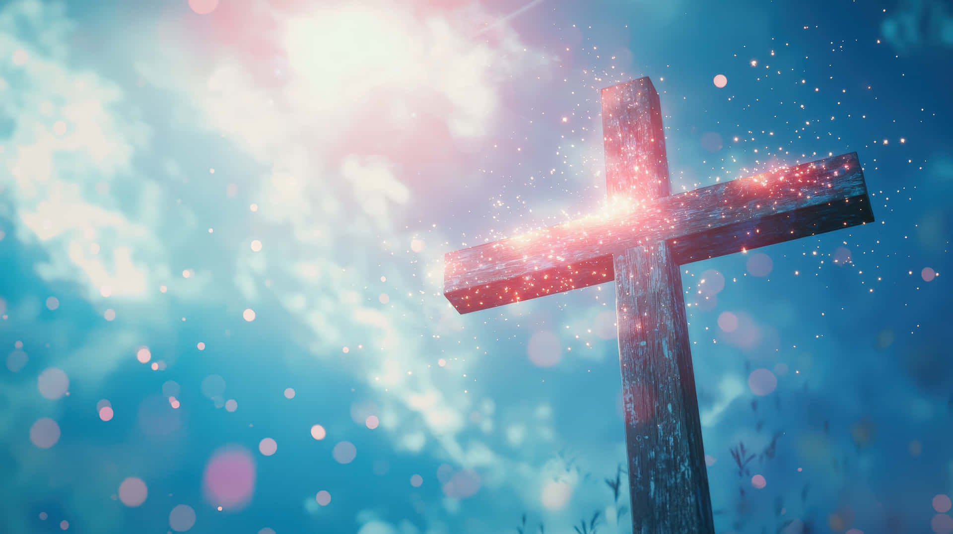 Wooden cross glowing against blue sky with sparkles 壁紙 — 一個木製十字架在充滿閃爍粒子和蓬鬆雲朵的柔和藍天下發出燦爛的紅光。