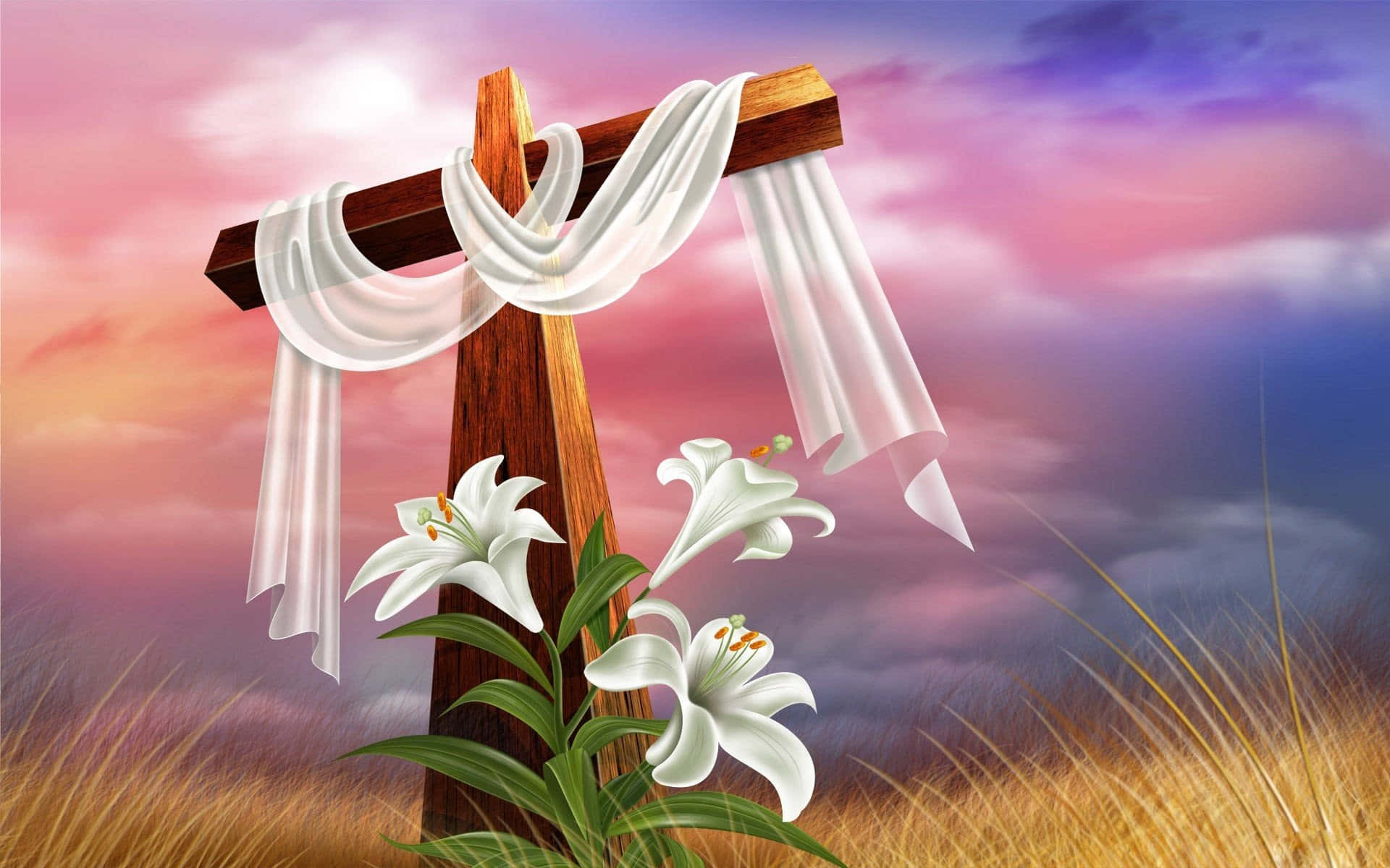 Religious Easter 桌布 壁紙 — 一個木製十字架披著白布，矗立在金色草地上，底部盛開著白色百合花，背景是粉紫色日落天空。